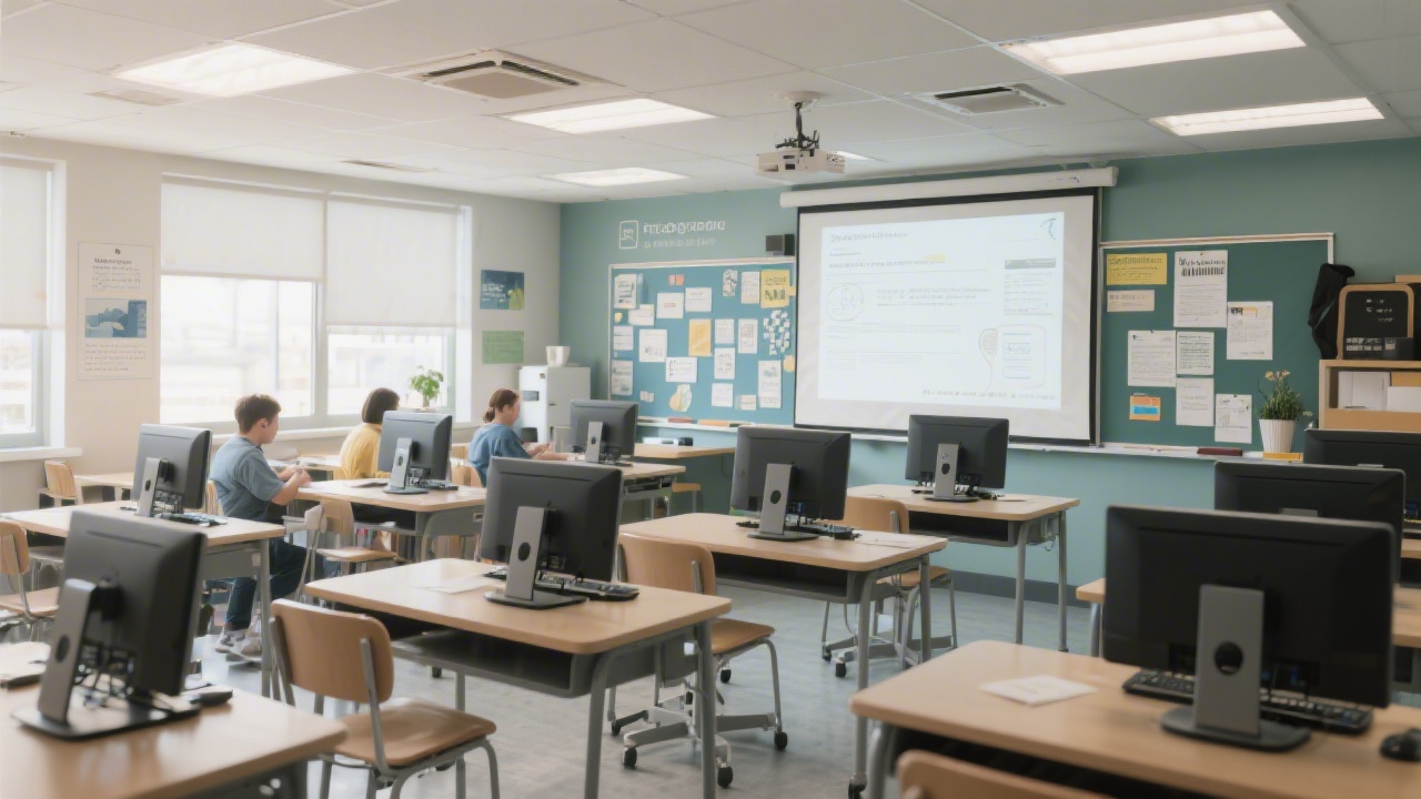 Modern classroom with rows of desks, desktop screens, and a large projection wall displaying design guidelines, showing a structured learning environment in Limerick.