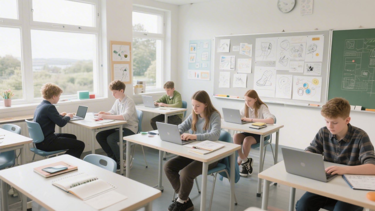 Bright classroom scene in Limerick with students working on laptops, sketchbooks, and design boards, showing a modern learning space with natural light and clean desks.