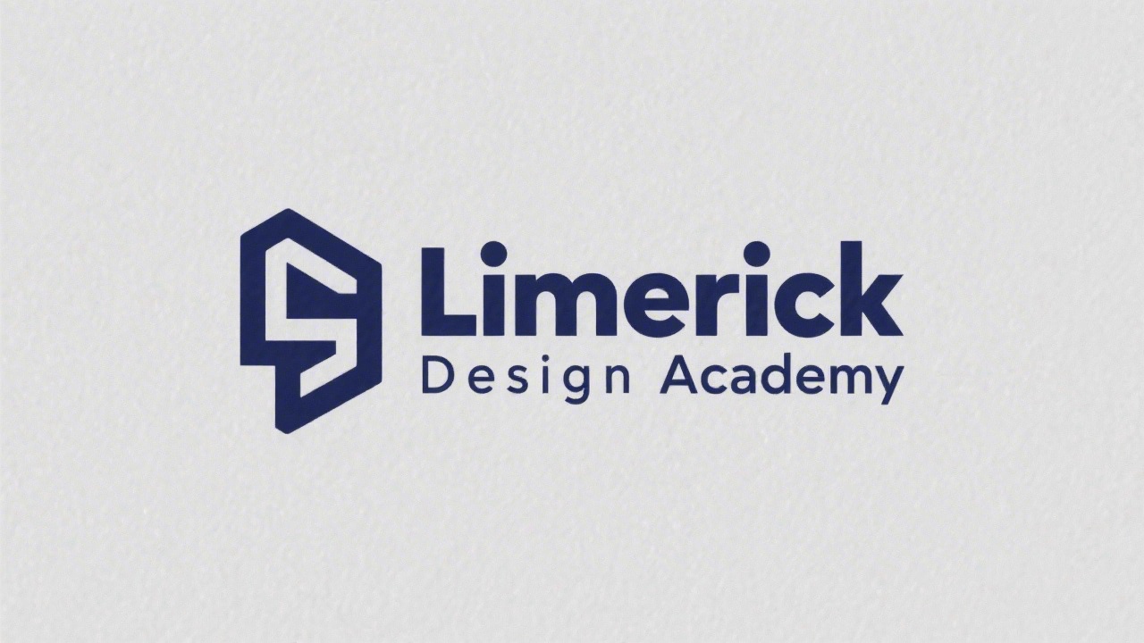 Simple navy wordmark logo reading Limerick Design Academy with a small geometric underline, minimal shapes, clean letterforms, suitable for a straightforward educational brand identity.