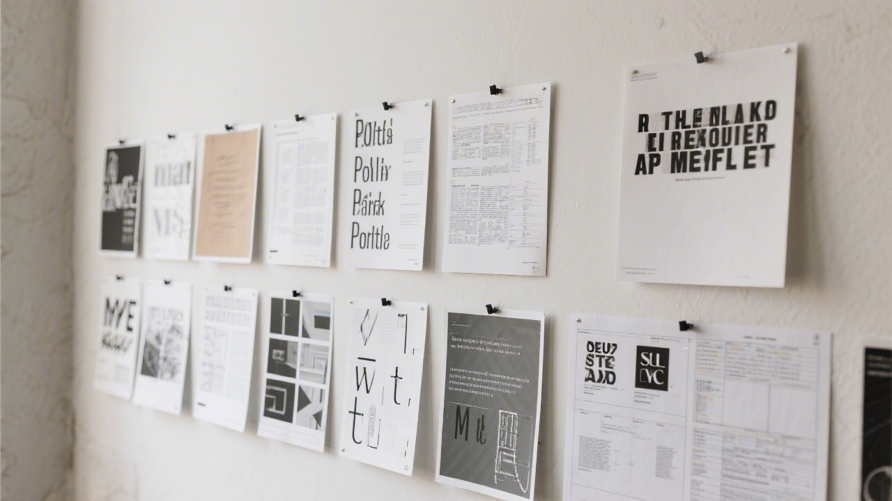 Pinned portfolio pages, typography studies, and layout sheets displayed on a wall, showing how design work is reviewed and organized for presentation.