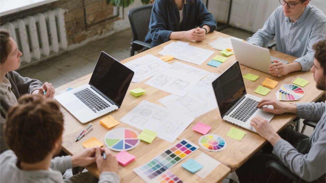 Design studio table with laptops, printed wireframes, sticky notes, and color swatches, showing an active project planning session in a collaborative learning environment.