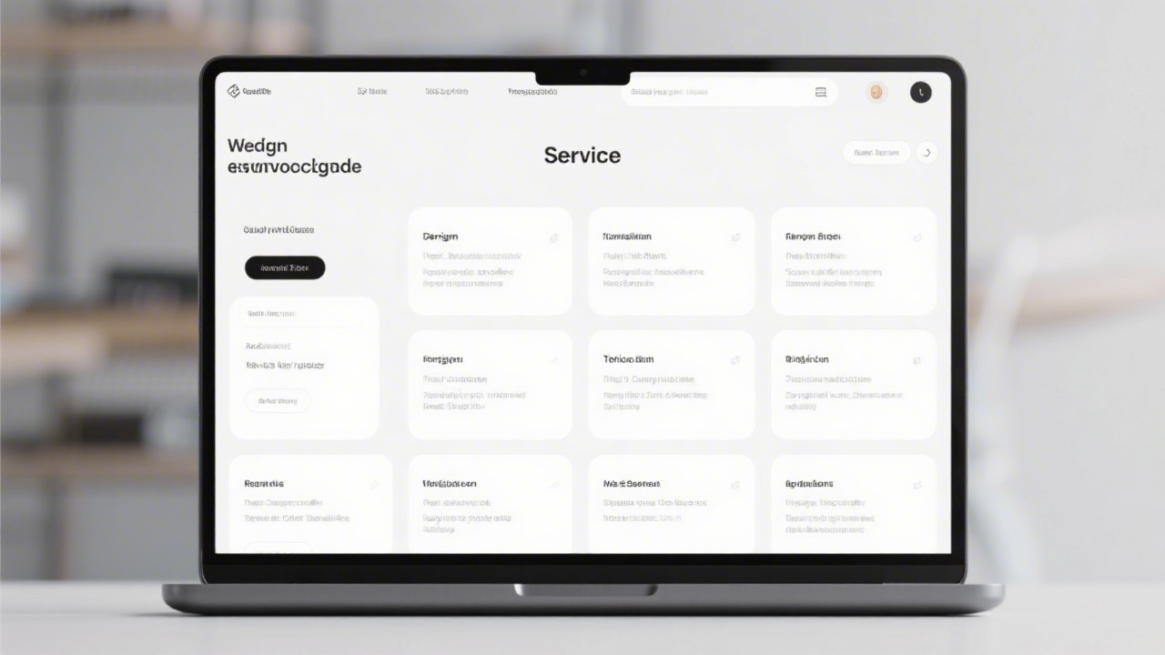 Laptop screen showing a clean website mockup with navigation, hero section, and service blocks, placed beside a notebook with layout annotations.